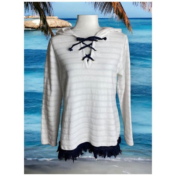 Crown & Ivy White Hoodie Pullover Top with Fringe Hem Nautical Women's Size XS - Picture 1 of 10